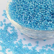 Round Glass Seed Beads, Transparent Colours Rainbow, Round, Dark Turquoise, 
Size: about 2mm in diameter, hole:1mm, about 6666pcs/100g(X1-SEED-A007-2mm-163B)