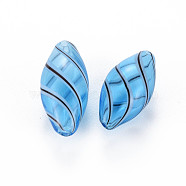Transparent Handmade Blown Glass Globe Beads, Stripe Pattern, Rice, Light Sky Blue, 23.5~26x11.5~13mm, Hole: 1~2mm(GLAA-T012-09)