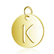 304 Stainless Steel Charms, Flat Round with Letter, Golden, Letter.K, 12x1mm, Hole: 2.5mm(STAS-S105-T514G-K)