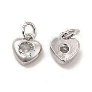 Brass Micro Pave Clear Cubic Zirconia Charms, with Jump Ring, Heart Charm, Platinum, 9x7.5x3mm, Hole: 3.5mm(KK-E068-VB235)