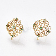 Brass Stud Earring Findings, Cubic Zirconia and Loop, Nickel Free, Real 18K Gold Plated, Flower, Green, 13x12mm, Hole: 0.8mm, Pin: 0.8mm(KK-T038-491B)