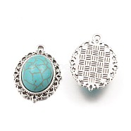 Synthetic Turquoise Pendants, Dyed, with Tibetan Style Alloy Findings, Oval, Antique Siver, Turquoise, 29x21x6.8mm, Hole: 1.5mm(PALLOY-K215-09A-AS)