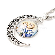 Glass Religion Fairy with Crescent Moon Pendant Necklace, Antique Silver Alloy Jewelry for Women, PapayaWhip, 18.31 inch(46.5cm)(NJEW-P270-01C)
