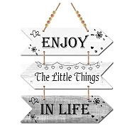 Wood Hanging Sings, Home Decorations, with 1M Jute Ropes and 10Pcs Wood Beads, Arrow with Inspirational Word Enjoy the Little Things in Life, Dark Gray, Sign: 300x8.5x5mm, 3pcs/set(AJEW-WH0349-008)