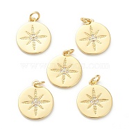 Brass Micro Pave Clear Cubic Zirconia Pendants, Long-Lasting Plated, Flat Round with Star, Real 18K Gold Plated, 16x14x1mm, Hole: 3mm(ZIRC-P200-18A-G)