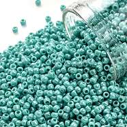 TOHO Round Seed Beads, Japanese Seed Beads, (413) Opaque AB Turquoise, 11/0, 2.2mm, Hole: 0.8mm, about 1110pcs/10g, 10g/bottle(SEED-JPTR11-0413)