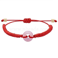 Natural Rose Quartz Donut Braided Bead Bracelet, Adjustable Gemstone Bracelet for Women, Red, Inner Diameter: 2~3-3/8 inch(5~8.6cm)(BJEW-SW00047-02)