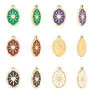 12Pcs 6 Colors Enamel Pendants, with Golden Plated 304 Stainless Steel Findings, Oval with Sun, Mixed Color, 23.5x14x2.5mm, Hole: 1.6mm, 2pcs/color(FIND-UN0001-57)