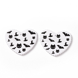 Halloween Acrylic Pendants, DIY Earrings Findings, Heart with Bat & Hat, Black, 26x31.5x2mm, Hole: 1.4mm(SACR-G018-01A)