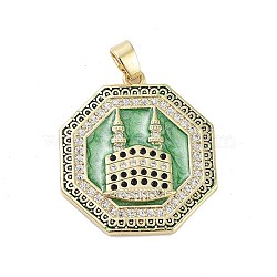 Rack Plating Brass Micro Pave Clear Cubic Zirconia Pendants, with Enamel, Long-Lasting Plated, Lead Free & Cadmium Free, Hexagon & Castle Charms, Light Goldenrod Yellow, 27.5x25x3mm, Hole: 3.5x6mm(KK-H474-22G-03)