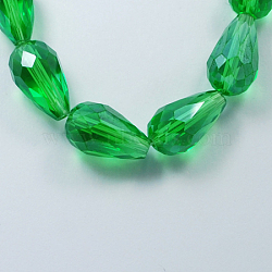 Electroplate Glass Beads Strands, Pearl Luster Plated, Faceted, Drop, Green, 11x8mm, Hole: 1mm, about 57~59pcs/strand, 26.38~26.77 inch(EGLA-R008-11x8mm-3)