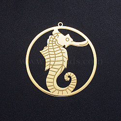 201 Stainless Steel Pendants, Circle with Sea Horse, Golden, 42x40x1mm, Hole: 1.6mm(STAS-S105-JN415)