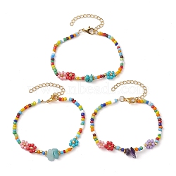 3Pcs 3 Style Natural & Synthetic Mixed Gemstone Chips Beaded Bracelets Set, Flower Glass Seed Stackable Bracelets, Mixed Color, 7-1/8 inch(18cm), 1Pc/style(BJEW-JB10174)