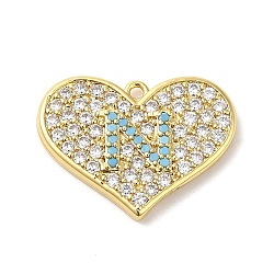 Brass Micro Pave Cubic Zirconia Pendants, Lead Free & Cadmium Free, Long-Lasting Plated, Heart with Letter N, Real 18K Gold Plated, 15x20x2.5mm, Hole: 1.2mm(KK-Q772-10G)