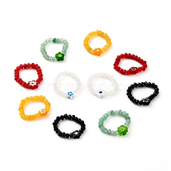Dyed Natural Malaysia Jade Rondelle Beads Stretch Rings, with Glass Flower Beads, Faceted, Mixed Color, US Size 7 1/4~8(17.5~18mm)(RJEW-JR00313)