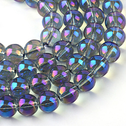 Electroplate Glass Beads Strands, Rainbow Plated, Round, Dodger Blue, 7.5x8.5mm, Hole: 1mm, about 100~104pcs/strand, 70~74cm(X-EGLA-Q062-8mm-A04)