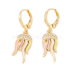 Enamel Jellyfish Dangle Leverback Earrings with Clear Cubic Zirconia, Real 18K Gold Plated Brass Drop Earrings, Lead Free & Cadmium Free, Colorful, 35mm, Pin: 0.8x1mm(EJEW-F282-14G)
