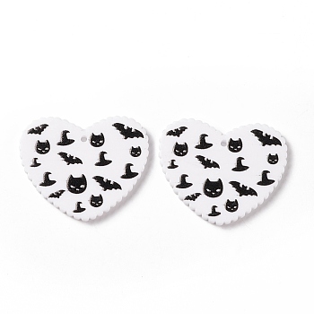 Halloween Acrylic Pendants, DIY Earrings Findings, Heart with Bat & Hat, Black, 26x31.5x2mm, Hole: 1.4mm