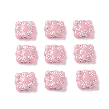 Opaque Acrylic Beads, Metal Enlaced, Square with Flower Pattern, Light Coral, 9.5~10x10.5~11x3.5mm, Hole: 1.6mm, about 1990pcs/500g