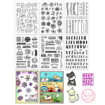 Elite 6 Sheets 6 Styles PVC Plastic Stamps, for DIY Scrapbooking, Photo Album Decorative, Cards Making, Birthday Theme & Word & Cats with Dogs & Letter & Flower, Mixed Patterns, 16x11x0.3cm, 1 sheet/style