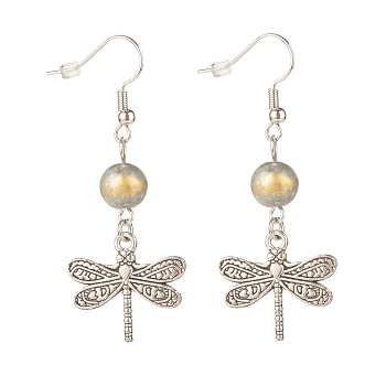 Round Natural Mashan Jade with Alloy Dragonfly Dangle Earrings, Brass Earrings for Women, Gray, 50mm, Pin: 0.6mm