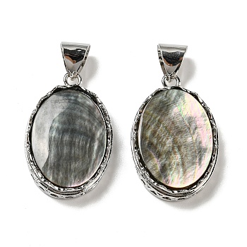 Natural Black Lip Shell Pendants, Platinum Plated Alloy Oval Charms, Gray, 32.5~33x21.5x7mm, Hole: 8x6mm
