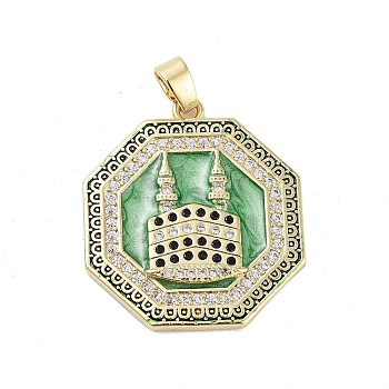 Rack Plating Brass Micro Pave Clear Cubic Zirconia Pendants, with Enamel, Long-Lasting Plated, Lead Free & Cadmium Free, Hexagon & Castle Charms, Light Goldenrod Yellow, 27.5x25x3mm, Hole: 3.5x6mm