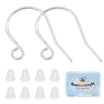 10 Pairs 925 Sterling Silver Earring Hooks, with Horizontal Loops & 50Pcs Plastic Ear Nuts & 1Pc Polishing Cloth, Silver, 19x13.5x0.8mm, Hole: 2mm, 20 Gauge, Pin: 0.8mm