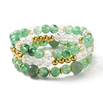 Multi-layered Stretch Beaded Bracelets Sets, Stackable Bracelets, with Natural Green Aventurine Beads, Imitation Gemstone Acrylic Beads, Glass Beads, Non-magnetic Synthetic Hematite Beads and CCB Plastic Beads, Round, Inner Diameter: 2 inch(5.2cm), 3pcs/set