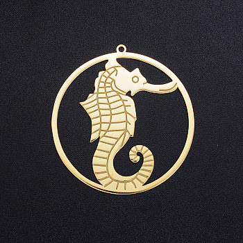 201 Stainless Steel Pendants, Circle with Sea Horse, Golden, 42x40x1mm, Hole: 1.6mm