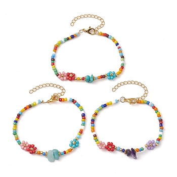 3Pcs 3 Style Natural & Synthetic Mixed Gemstone Chips Beaded Bracelets Set, Flower Glass Seed Stackable Bracelets, Mixed Color, 7-1/8 inch(18cm), 1Pc/style