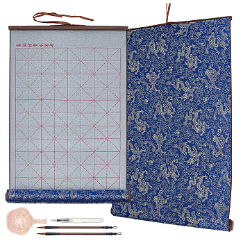 2Pcs 2 Colors Flocking Reusable Water Writing Cloth, 1Pc Ceramic Brush Holder, 2Pcs Water Coloring Brush Pens, 2Pcs 2 Styles Chinese Calligraphy Brushes Pen, Mixed Color, 400x860x28mm