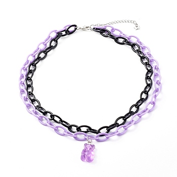 Double Layer Necklaces, with Bear Resin Pendants and ABS Plastic Cable Chains, Stainless Steel Color, Black, 15.35 inch(39cm)