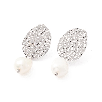 304 Stainless Steel Stud Earrings, with Pearl Beads, for Women, Platinum, 35.5mm, Pin: 0.8mm