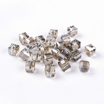 Electorplated Glass Beads, Rainbow Plated, Faceted, Cube, Gray, 9x9x9mm, Hole: 1mm