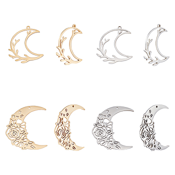 8Pcs 4 Style 201 Stainless Steel Pendants, Moon, Golden & Stainless Steel Color, 29~36x23.5~32x1mm, Hole: 1.4~1.5mm, 2pcs/style