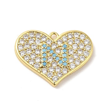 Brass Micro Pave Cubic Zirconia Pendants, Lead Free & Cadmium Free, Long-Lasting Plated, Heart with Letter N, Real 18K Gold Plated, 15x20x2.5mm, Hole: 1.2mm