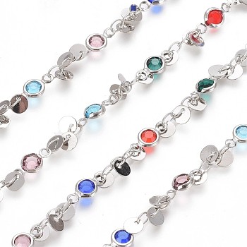 3.28 Feet Eco-Friendly Handmade Brass Beaded Chains, with Brass Charms, Glass, Soldered, Long-Lasting Plated, Flat Round, Colorful, Platinum, 10x4.8x2mm, 3.5x2.5x0.3mm