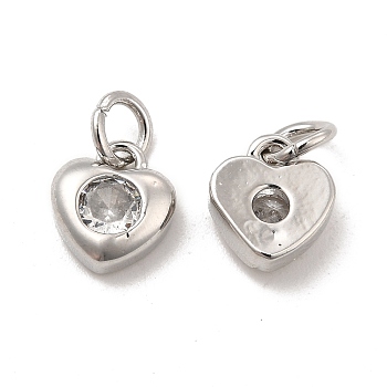Brass Micro Pave Clear Cubic Zirconia Charms, with Jump Ring, Heart Charm, Platinum, 9x7.5x3mm, Hole: 3.5mm