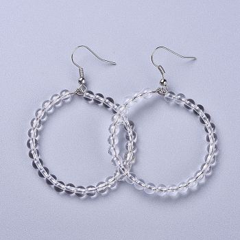 Natural Quartz Crystal Dangle Earrings, with Stainless Steel Hook, Ring, 60~61x44mm, Pin: 0.6mm