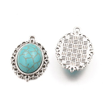 Synthetic Turquoise Pendants, Dyed, with Tibetan Style Alloy Findings, Oval, Antique Siver, Turquoise, 29x21x6.8mm, Hole: 1.5mm