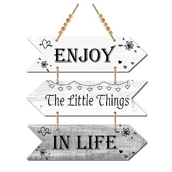Wood Hanging Sings, Home Decorations, with 1M Jute Ropes and 10Pcs Wood Beads, Arrow with Inspirational Word Enjoy the Little Things in Life, Dark Gray, Sign: 300x8.5x5mm, 3pcs/set