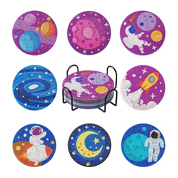 DIY Diamond Painting Space Theme Cup Mat Kits, with Cork, Coster Holder, Resin Rhinestones, Diamond Sticky Pen, Tray Plate and Glue Clay, Mixed Color, Box: 125x125x78mm
