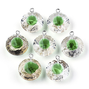 Transparent Epoxy Resin Pendants, with Natural Shell Inside and Platinum Plated Iron Loop, Diamond Shape, Medium Sea Green, 23~24x20x13mm, Hole: 2mm