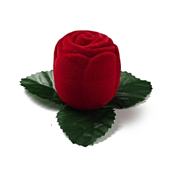 Flocking Plastic Rose Finger Ring Boxes, for Valentine's Day Gift Wrapping, with Sponge Inside, Red, 6.65x7.4x4.3cm, Flower: 3.8x4.3cm, Inner Diameter: 3.3cm