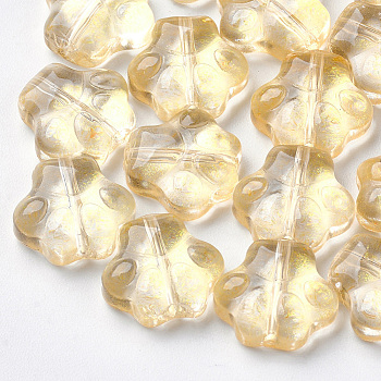 Transparent Spray Painted Glass Beads, with Glitter Powder, Dog Paw Prints, Gold, 11x12x4.5mm, Hole: 1mm