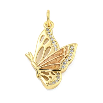 Real 18K Gold Plated Brass Micro Pave Cubic Zirconia Pendants, Butterfly, Brown, 25.5x18x3mm, Hole: 3.5mm