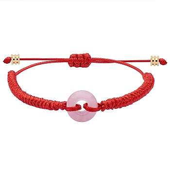 Natural Rose Quartz Donut Braided Bead Bracelet, Adjustable Gemstone Bracelet for Women, Red, Inner Diameter: 2~3-3/8 inch(5~8.6cm)