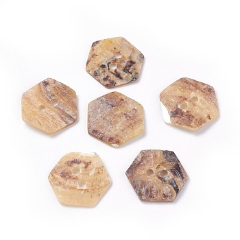 Freshwater Shell Buttons, Hexagon, 2-Hole, BurlyWood, 13~13.5x15~15.5x1~2mm, Hole: 1.6mm