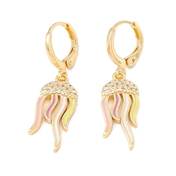Enamel Jellyfish Dangle Leverback Earrings with Clear Cubic Zirconia, Real 18K Gold Plated Brass Drop Earrings, Lead Free & Cadmium Free, Colorful, 35mm, Pin: 0.8x1mm